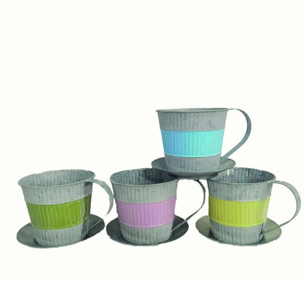 MTL4004ASST 5'' x 4.5'' Deep Pastel Strip Tin Tea Cup-"each" - W/L